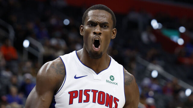 DETROIT, MICHIGAN - NOVEMBER 17: Jalen Duren #0 of the Detroit Pistons reacts after he dunks in the first half against the Indiana Pacers at Little Caesars Arena on November 17, 2025 in Detroit, Michigan.