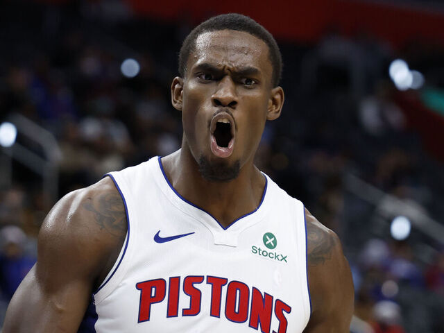 DETROIT, MICHIGAN - NOVEMBER 17: Jalen Duren #0 of the Detroit Pistons reacts after he dunks in the first half against the Indiana Pacers at Little Caesars Arena on November 17, 2025 in Detroit, Michigan.