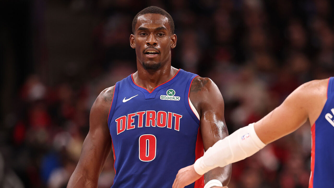 CHICAGO, ILLINOIS - OCTOBER 22: Jalen Duren #0 and Cade Cunningham #2 of the Detroit Pistons high five against the Chicago Bulls during the second half at the United Center on October 22, 2025 in Chicago, Illinois.