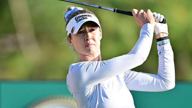 BELLEAIR, FLORIDA - NOVEMBER 15: Nelly Korda of the United States plays a shot from the 18th tee during the third round of The ANNIKA driven by Gainbridge at Pelican 2025 at Pelican Golf Club on November 15, 2025 in Belleair, Florida.