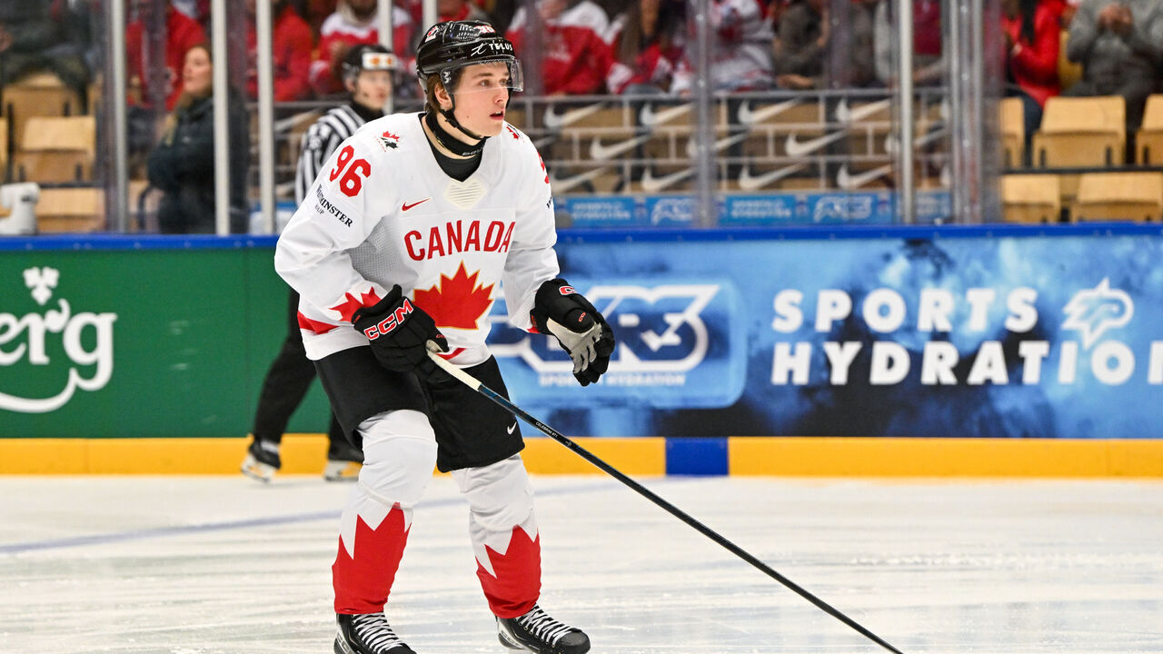 ODENSE, DENMARK - MAY 22: Macklin Celebrini of Canada in action during the 2025 Ice Hockey World Championship match between Canada and Denmark at Jyske Bank Arena on May 22, 2025 in Odense, Denmark.