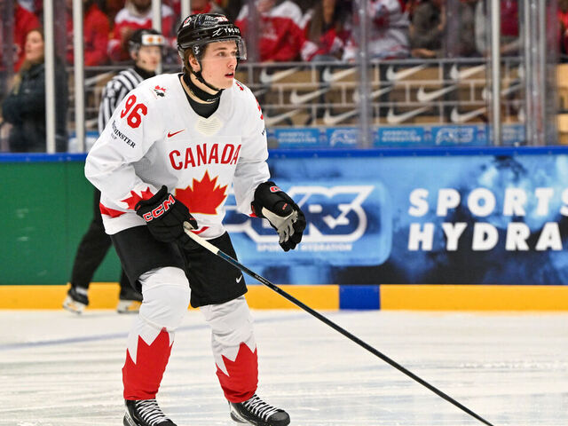 ODENSE, DENMARK - MAY 22: Macklin Celebrini of Canada in action during the 2025 Ice Hockey World Championship match between Canada and Denmark at Jyske Bank Arena on May 22, 2025 in Odense, Denmark.