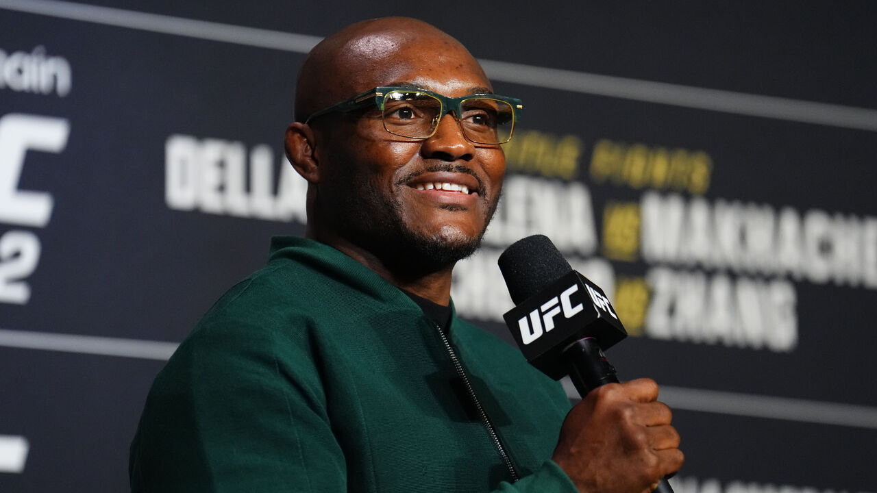 NEW YORK, NEW YORK - NOVEMBER 14: Kamaru Usman is seen on stage during a Q&A session prior to the UFC 322 ceremonial weigh-in at The Theater at Madison Square Garden on November 14, 2025 in New York City.