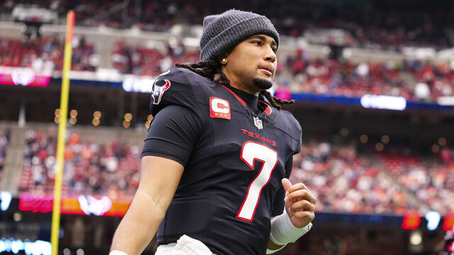 HOUSTON, TX - NOVEMBER 02: C.J. Stroud #7 of the Houston Texans runs out of the tunnel prior to an NFL football game against the Denver Broncos at NRG Stadium on November 2, 2025 in Houston, Texas.