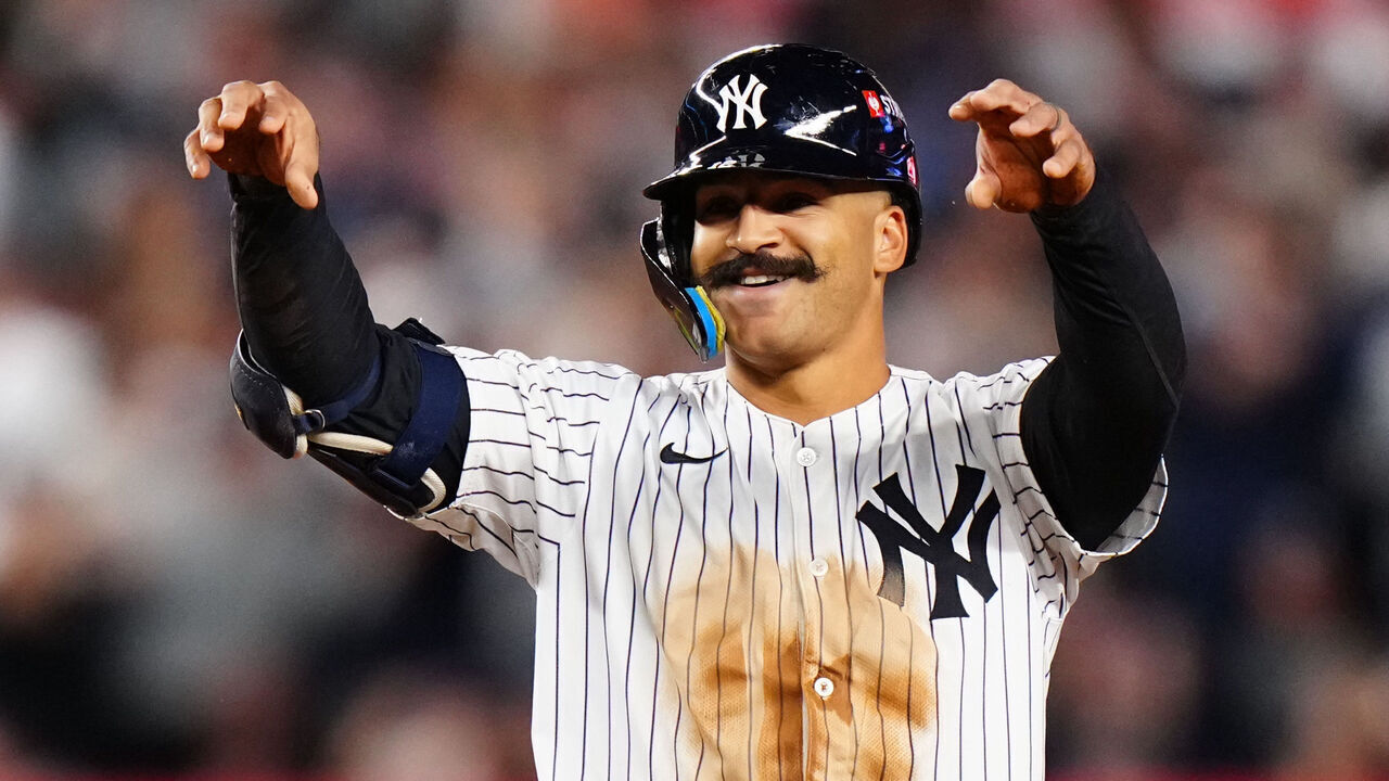 NEW YORK, NY - OCTOBER 01: Trent Grisham #12 of the New York Yankees celebrates after hitting a double in the seventh inning during Game Two of the American League Wild Card Series between the Boston Red Sox and the New York Yankees at Yankee Stadium on Wednesday, October 1, 2025 in New York, New York.