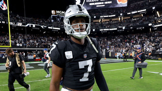 LAS VEGAS, NEVADA - NOVEMBER 17: Geno Smith #7 of the Las Vegas Raiders looks on after the game against the Dallas Cowboys at Allegiant Stadium on November 17, 2025 in Las Vegas, Nevada.