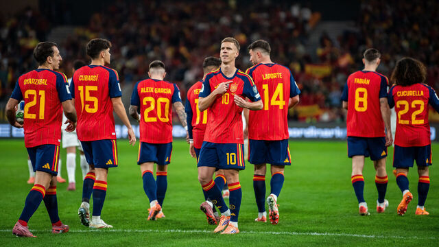 SEVILLE, SPAIN - NOVEMBER 18: Dani Olmo of Spain celebrates after scoring his teams first goal during the FIFA World Cup 2026 qualifier match between Spain and Türkiye at Estadio de La Cartuja on November 18, 2025 in Seville, Spain.