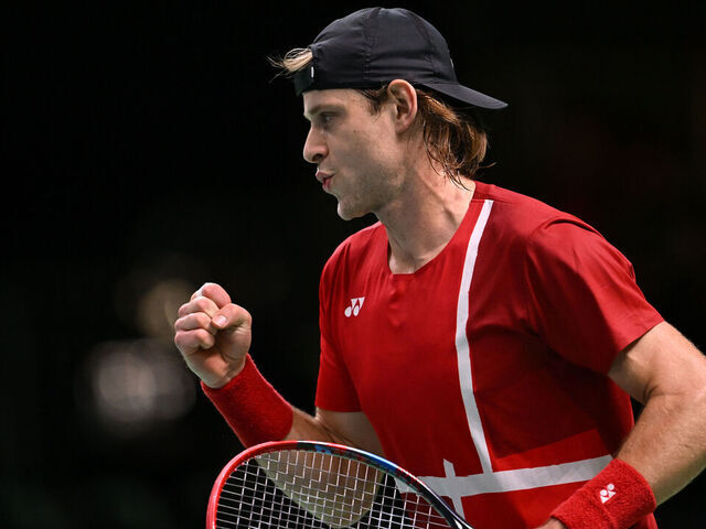 BOLOGNA, ITALY - NOVEMBER 18: Zizou Bergs of Team Belgium celebrates a point against Arthur Rinderknech of Team France during the Davis Cup Quarter-Final match between France and Belgium at BolognaFiere Exhibition Centre on November 18, 2025 in Bologna, Italy.