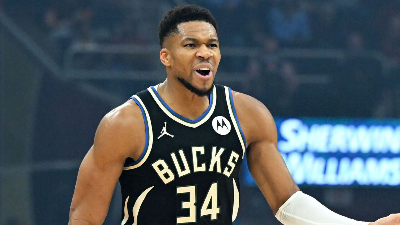 CLEVELAND, OHIO - NOVEMBER 17: Giannis Antetokounmpo #34 and Myles Turner #3 of the Milwaukee Bucks celebrate during the first half against the Cleveland Cavaliers at Rocket Arena on November 17, 2025 in Cleveland, Ohio.
