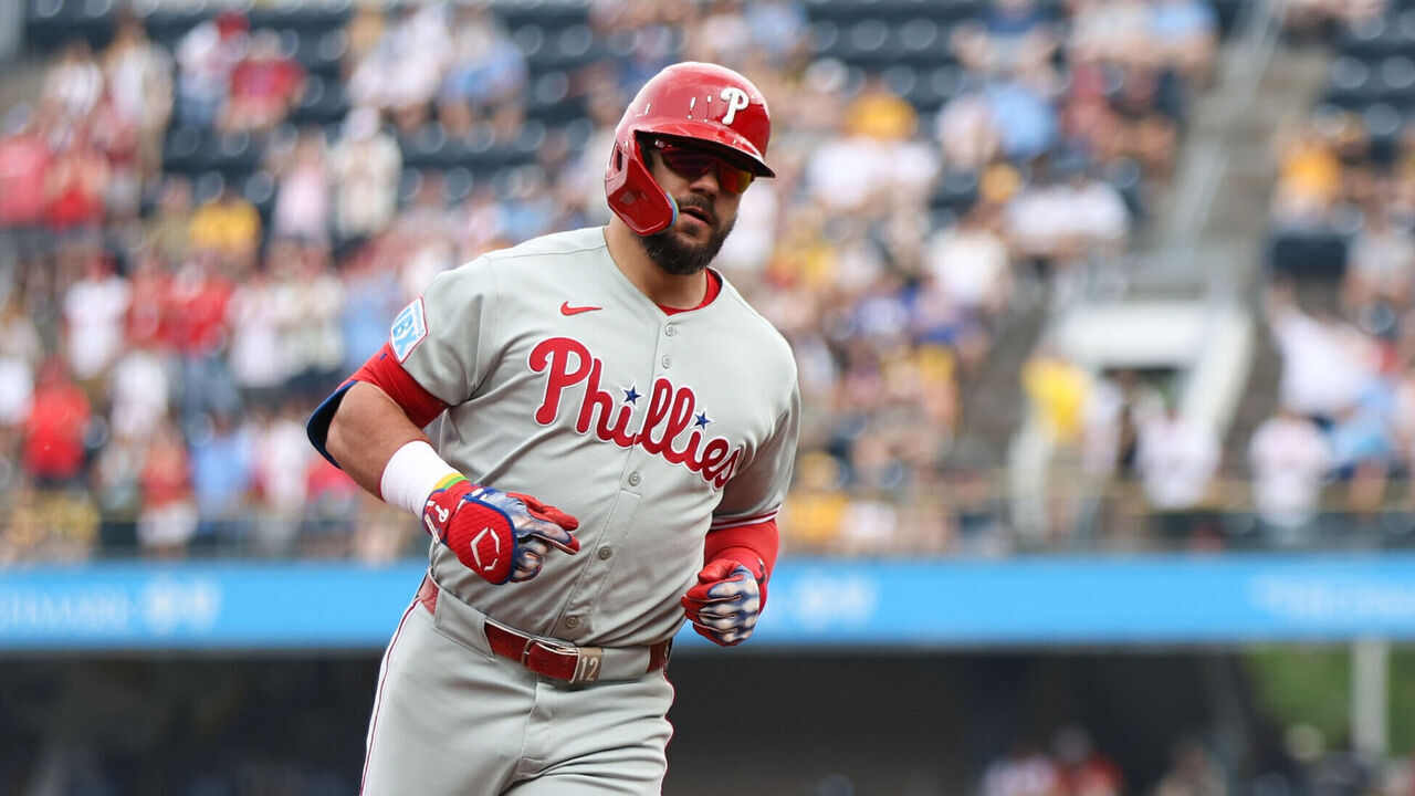 PITTSBURGH, PA - JUNE 07: Kyle Schwarber #12 of the Philadelphia Phillies rounds the bases after hitting a solo home run in the first inning during the game between the Philadelphia Phillies and the Pittsburgh Pirates at PNC Park on Saturday, June 7, 2025 in Pittsburgh, Pennsylvania.