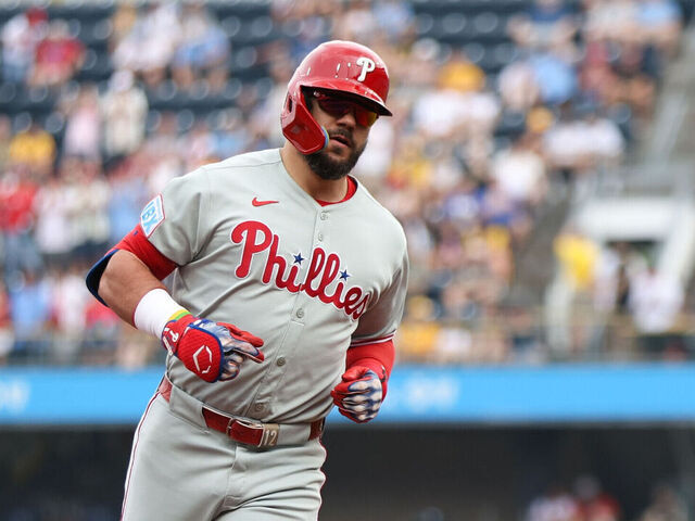PITTSBURGH, PA - JUNE 07: Kyle Schwarber #12 of the Philadelphia Phillies rounds the bases after hitting a solo home run in the first inning during the game between the Philadelphia Phillies and the Pittsburgh Pirates at PNC Park on Saturday, June 7, 2025 in Pittsburgh, Pennsylvania.