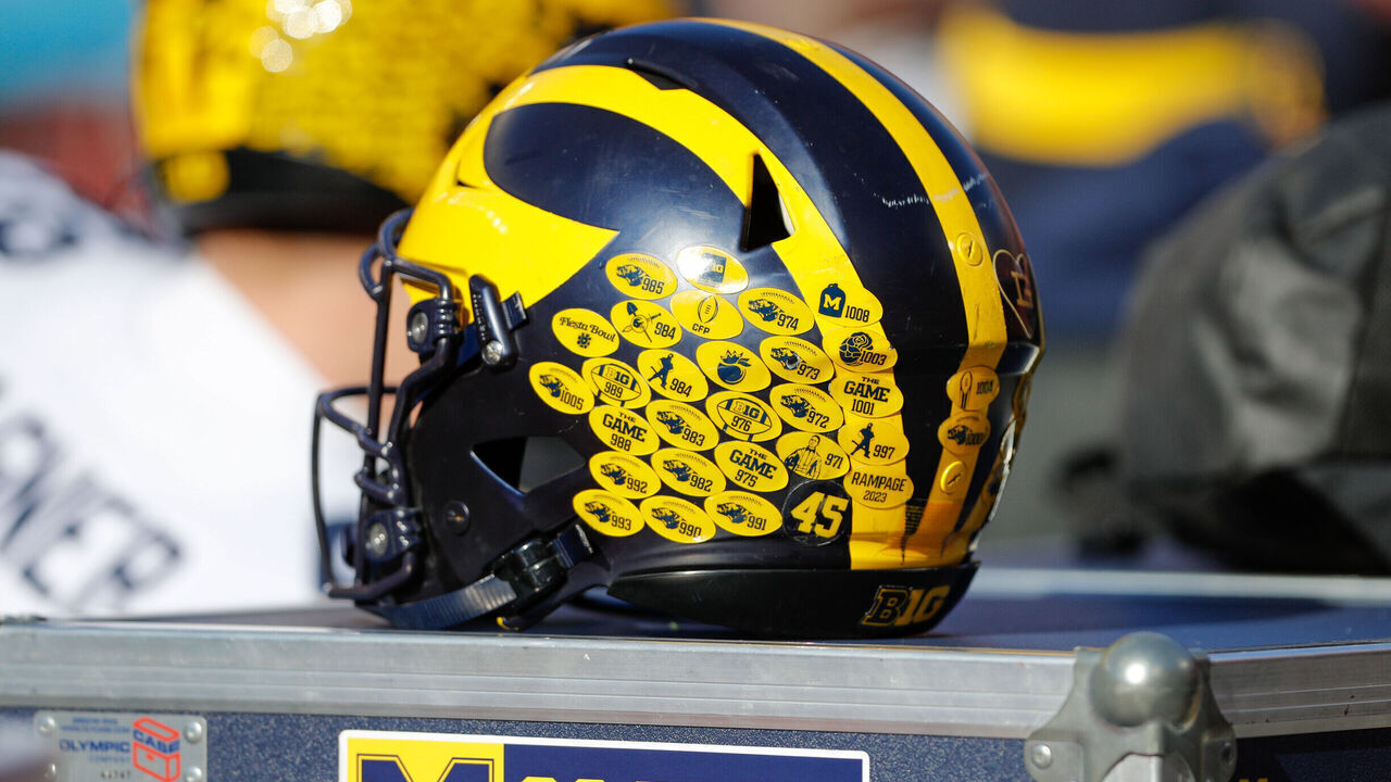 COLUMBUS, OH - NOVEMBER 30: A Michigan Wolverines helmet sits before the game against the Michigan Wolverines and the Ohio State Buckeyes on November 30, 2024, at Ohio Stadium in Columbus, OH.