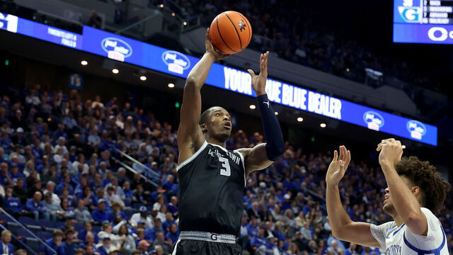 LEXINGTON, KENTUCKY - OCTOBER 30: Vince Iwuchukwu #3 of the Georgetown Hoyas shoots the ball against the Kentucky Wildcats at Rupp Arena on October 30, 2025 in Lexington, Kentucky.