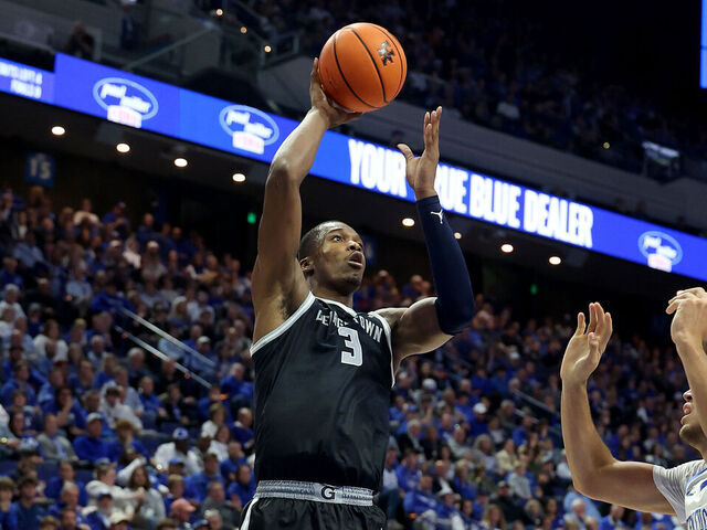 LEXINGTON, KENTUCKY - OCTOBER 30: Vince Iwuchukwu #3 of the Georgetown Hoyas shoots the ball against the Kentucky Wildcats at Rupp Arena on October 30, 2025 in Lexington, Kentucky.