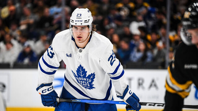 BOSTON, MASSACHUSETTS - NOVEMBER 11: Matthew Knies #23 of the Toronto Maple Leafs waits for a face off during the third period against the Boston Bruins at TD Garden on November 11, 2025 in Boston, Massachusetts.