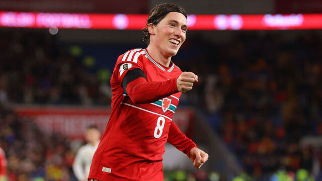 CARDIFF, WALES - NOVEMBER 18: Harry Wilson of Wales celebrates after scoring their side's sixth goal to complete their hat-trick from the penalty spot during the FIFA World Cup 2026 qualifier match between Wales and North Macedonia at Cardiff City Stadium on November 18, 2025 in Cardiff, Wales.