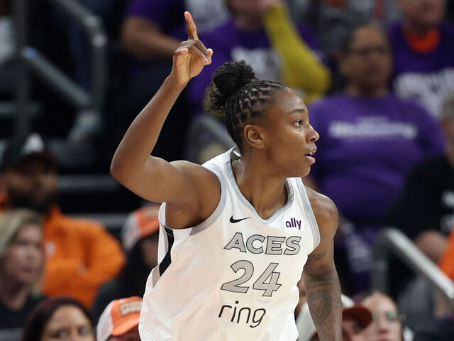 PHOENIX, ARIZONA - OCTOBER 10: Jewell Loyd #24 of the Las Vegas Aces reacts in the second quarter against the Phoenix Mercury during Game Four of the 2025 WNBA Playoffs finals at Mortgage Matchup Center on October 10, 2025 in Phoenix, Arizona.