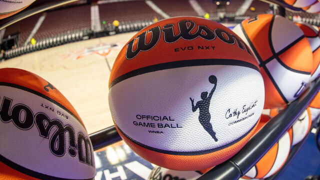 UNCASVILLE, CT - SEPTEMBER 10: A detail view of the WNBA logo on a WNBA official game ball on a rack before a WNBA game between the Atlanta Dream and the Connecticut Sun on September 10, 2025, at Mohegan Sun Arena in Uncasville, CT.