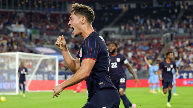 TAMPA, FLORIDA - NOVEMBER 18: Sebastian Berhalter #17 of United States celebrates after scoring the team's first goal during the International Friendly match between United States and Uruguay at Raymond James Stadium on November 18, 2025 in Tampa, Florida.