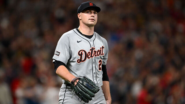 CLEVELAND, OHIO - SEPTEMBER 23: Tarik Skubal #29 of the Detroit Tigers looks on during the sixth inning against the Cleveland Guardians at Progressive Field on September 23, 2025 in Cleveland, Ohio.