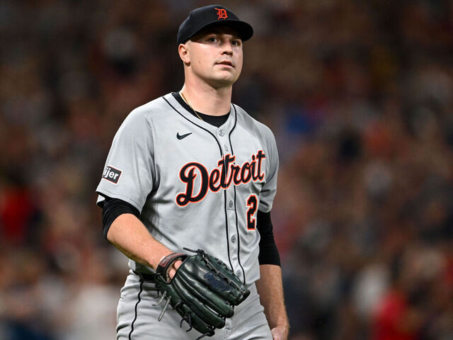 CLEVELAND, OHIO - SEPTEMBER 23: Tarik Skubal #29 of the Detroit Tigers looks on during the sixth inning against the Cleveland Guardians at Progressive Field on September 23, 2025 in Cleveland, Ohio.