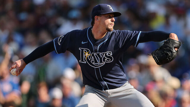 CHICAGO, ILLINOIS - SEPTEMBER 12: Eric Orze #17 of the Tampa Bay Rays delivers a pitch during the eighth inning against the Chicago Cubs at Wrigley Field on September 12, 2025 in Chicago, Illinois.