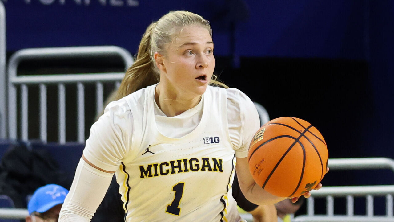 ANN ARBOR, MI - OCTOBER 30: Michigan Wolverines guard Olivia Olson (1) brings the ball up the court during the first quarter of a college women's basketball exhibition game between the Ferris State Bulldogs and the Michigan Wolverines on October 30, 2025 at Crisler Center in Ann Arbor, Michigan.