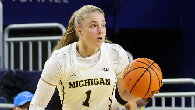 ANN ARBOR, MI - OCTOBER 30: Michigan Wolverines guard Olivia Olson (1) brings the ball up the court during the first quarter of a college women's basketball exhibition game between the Ferris State Bulldogs and the Michigan Wolverines on October 30, 2025 at Crisler Center in Ann Arbor, Michigan.