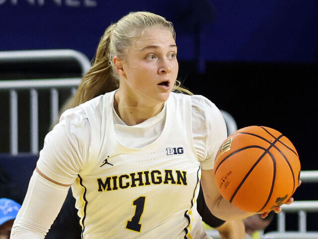 ANN ARBOR, MI - OCTOBER 30: Michigan Wolverines guard Olivia Olson (1) brings the ball up the court during the first quarter of a college women's basketball exhibition game between the Ferris State Bulldogs and the Michigan Wolverines on October 30, 2025 at Crisler Center in Ann Arbor, Michigan.