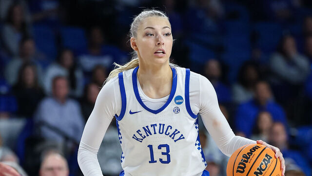 LEXINGTON, KENTUCKY - MARCH 21: Clara Strack #13 of the Kentucky Wildcats dribbles during the game against the Liberty Lady Flames in the NCAA women's basketball tournament First Round on March 21, 2025 in Lexington, Kentucky.