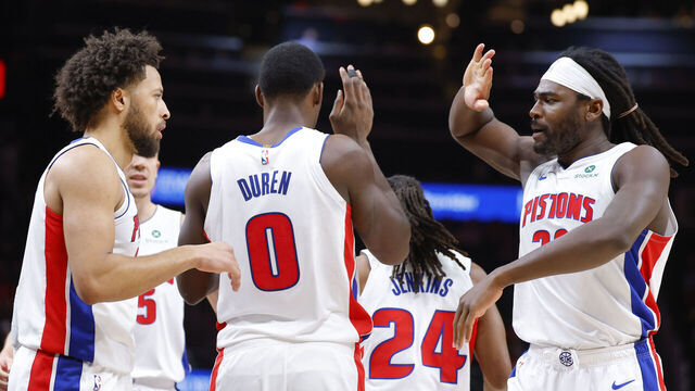 ATLANTA, GEORGIA - NOVEMBER 18: Cade Cunningham #2, Jalen Duren #0 and Isaiah Stewart #28 of the Detroit Pistons react during the first quarter against the Atlanta Hawks at State Farm Arena on November 18, 2025 in Atlanta, Georgia.