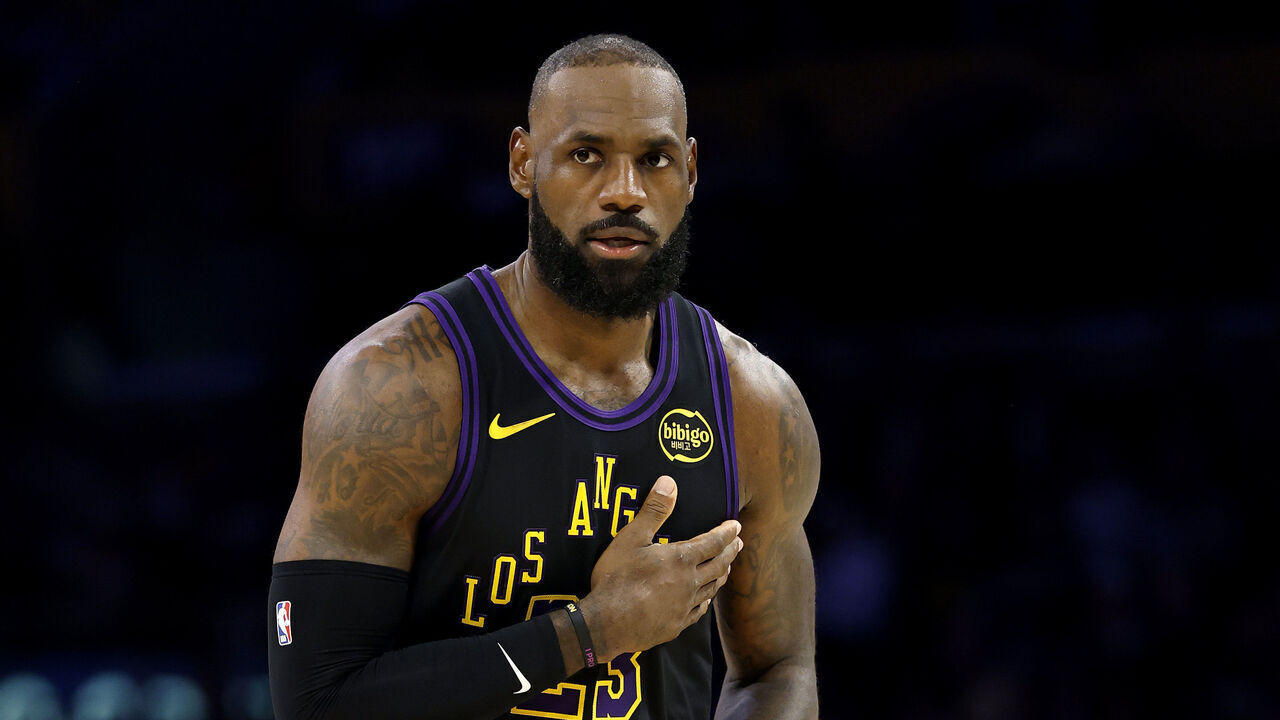 LOS ANGELES, CALIFORNIA - NOVEMBER 18: LeBron James #23 of the Los Angeles Lakers looks on against the Utah Jazz during the second quarter at Crypto.com Arena on November 18, 2025 in Los Angeles, California.