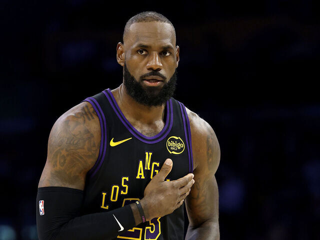 LOS ANGELES, CALIFORNIA - NOVEMBER 18: LeBron James #23 of the Los Angeles Lakers looks on against the Utah Jazz during the second quarter at Crypto.com Arena on November 18, 2025 in Los Angeles, California.