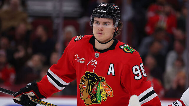 CHICAGO, IL - NOVEMBER 18: Connor Bedard #98 of the Chicago Blackhawks looks on during the second period against the Calgary Flames on November 18, 2025 at the United Center in Chicago, Illinois.