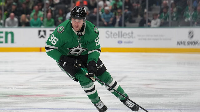 DALLAS, TX - NOVEMBER 15: Mikko Rantanen #96 of the Dallas Stars handles the puck against the Philadelphia Flyers at the American Airlines Center on November 15, 2025 in Dallas, Texas.