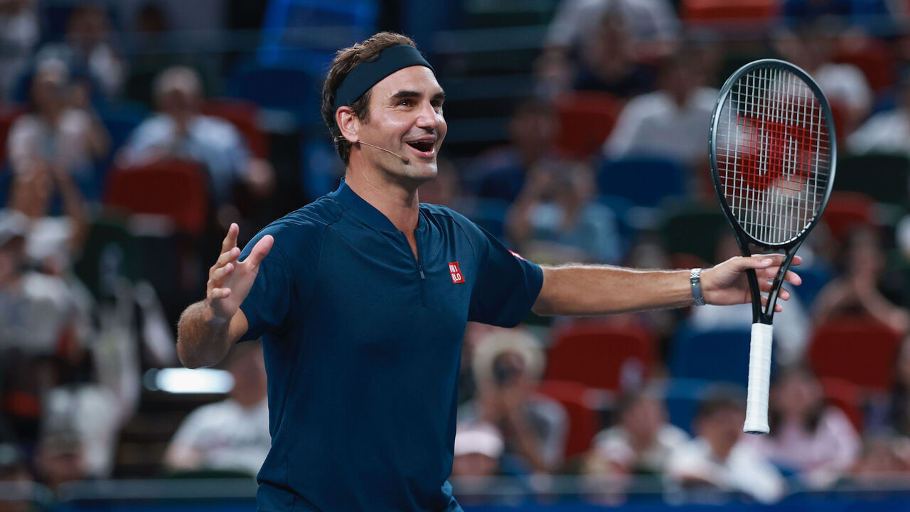 SHANGHAI, CHINA - OCTOBER 10: Former tennis player Roger Federer reacts during the exhibition event Roger and friends celebrity doubles match on day 12 of the 2025 Shanghai Rolex Masters at Qi Zhong Tennis Center on October 10, 2025 in Shanghai, China.