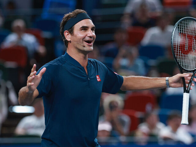 SHANGHAI, CHINA - OCTOBER 10: Former tennis player Roger Federer reacts during the exhibition event Roger and friends celebrity doubles match on day 12 of the 2025 Shanghai Rolex Masters at Qi Zhong Tennis Center on October 10, 2025 in Shanghai, China.