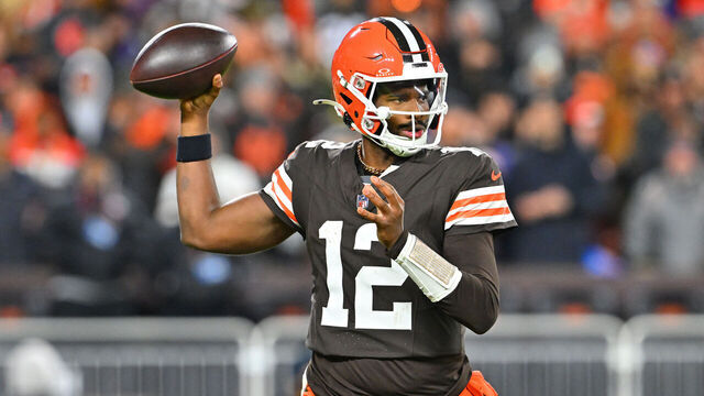 CLEVELAND, OHIO - NOVEMBER 16: Shedeur Sanders #12 of the Cleveland Browns looks to pass during the game against the Baltimore Ravens at Huntington Bank Field on November 16, 2025 in Cleveland, Ohio.