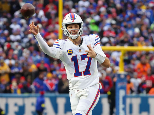 ORCHARD PARK, NEW YORK - NOVEMBER 16: Josh Allen #17 of the Buffalo Bills throws a pass during the third quarter against the Tampa Bay Buccaneers at Highmark Stadium on November 16, 2025 in Orchard Park, New York.