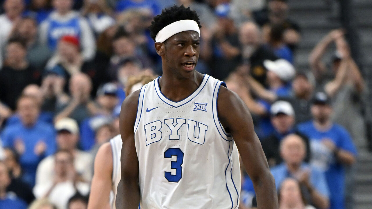 LAS VEGAS, NEVADA - NOVEMBER 03: AJ Dybantsa #3 of the BYU Cougars reacts after a play against the Villanova Wildcats during the first half of a Hall of Fame Series game at T-Mobile Arena on November 03, 2025 in Las Vegas, Nevada. The Cougars defeated the Wildcats 71-66.