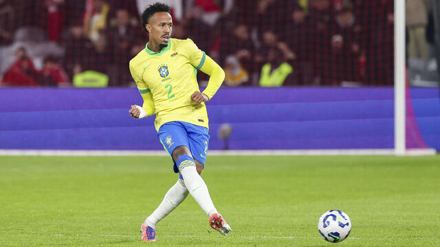 LILLE, FRANCE - NOVEMBER 18: Eder Militao #2 of Brazil passes the ball during the international friendly match between Brazil and Tunisia at Decathlon Arena on November 18, 2025 in Lille, France.