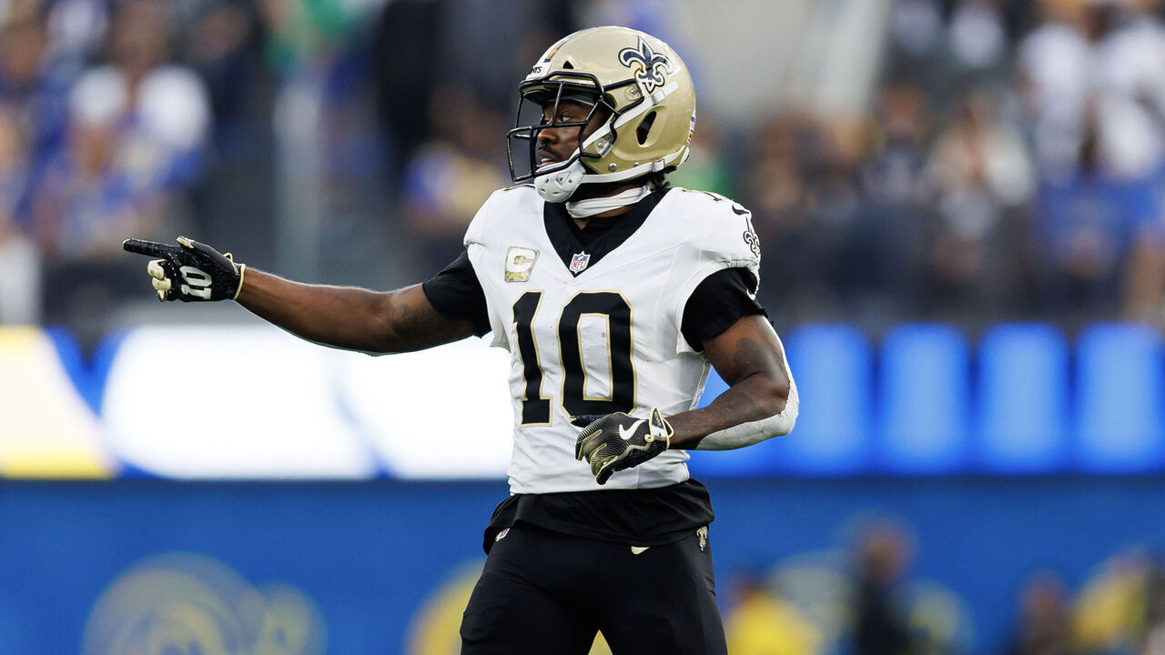 INGLEWOOD, CALIFORNIA - NOVEMBER 2: Brandin Cooks #10 of the New Orleans Saints gets set during the fourth quarter of an NFL football game against the Los Angeles Rams at SoFi Stadium on November 02, 2025 in Inglewood, California.