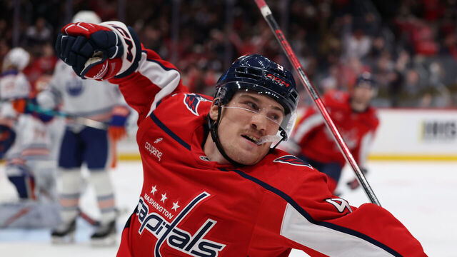 WASHINGTON, DC - NOVEMBER 19: Ryan Leonard #9 of the Washington Capitals celebrates after scoring his second goal of the game against the Edmonton Oilers during the second period at Capital One Arena on November 19, 2025 in Washington, DC.