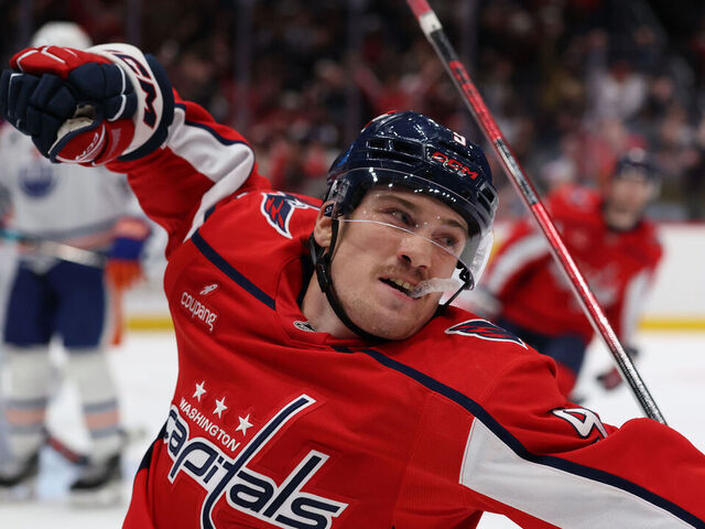 WASHINGTON, DC - NOVEMBER 19: Ryan Leonard #9 of the Washington Capitals celebrates after scoring his second goal of the game against the Edmonton Oilers during the second period at Capital One Arena on November 19, 2025 in Washington, DC.