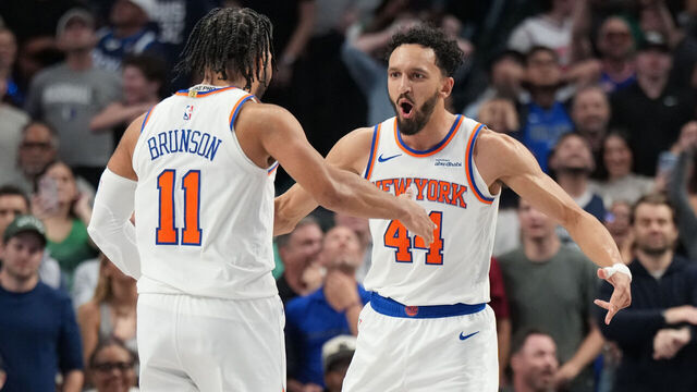 DALLAS, TX - NOVEMBER 19: Landry Shamet #44 of the New York Knicks celebrates during the game against the Dallas Mavericks on November 19, 2025 at American Airlines Center in Dallas, Texas. Mandatory Copyright Notice: Copyright 2025 NBAE
