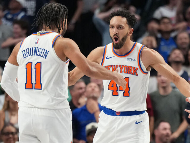 DALLAS, TX - NOVEMBER 19: Landry Shamet #44 of the New York Knicks celebrates during the game against the Dallas Mavericks on November 19, 2025 at American Airlines Center in Dallas, Texas. Mandatory Copyright Notice: Copyright 2025 NBAE