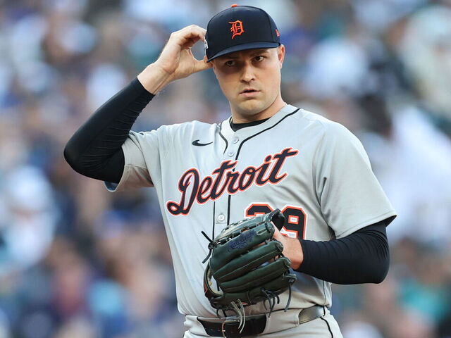 SEATTLE, WASHINGTON - OCTOBER 05: Tarik Skubal #29 of the Detroit Tigers prepares to pitch against the Seattle Mariners during the first inning in game two of the Division Series at T-Mobile Park on October 05, 2025 in Seattle, Washington.
