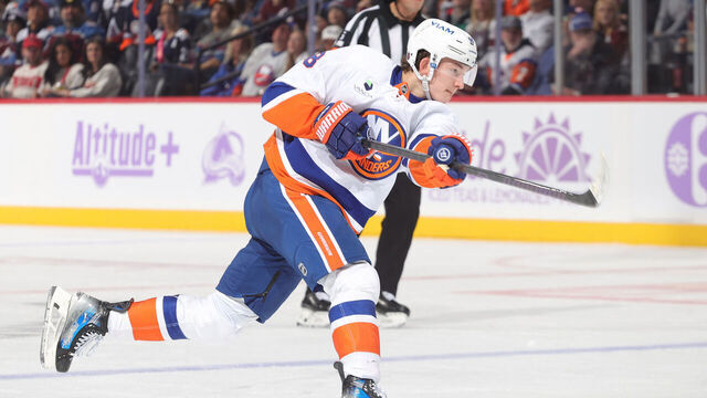 DENVER, COLORADO - NOVEMBER 16: Matthew Schaefer #4 of the New York Islanders shoots against the Colorado Avalanche at Ball Arena on November 16, 2025 in Denver, Colorado.