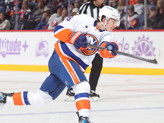 DENVER, COLORADO - NOVEMBER 16: Matthew Schaefer #4 of the New York Islanders shoots against the Colorado Avalanche at Ball Arena on November 16, 2025 in Denver, Colorado.
