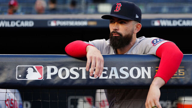 NEW YORK, NY - SEPTEMBER 30: Connor Wong #12 of the Boston Red Sox looks on from the dugout prior to Game One of the American League Wild Card Series between the Boston Red Sox and the New York Yankees at Yankee Stadium on Tuesday, September 30, 2025 in New York, New York.